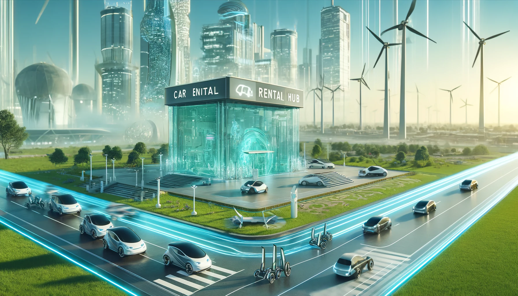 Futuristischer Autoverleih in grüner Stadtlandschaft